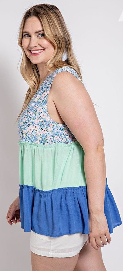 Floral Color Block Ruffle Detail Tiered V-neck Top, Blue Mix - Tigbul's Fashion
