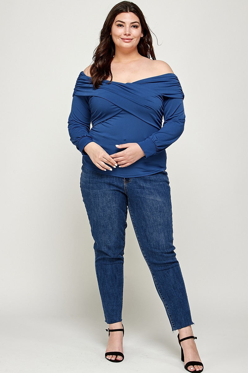 Plus Size Solid Blue Wrap Dressy Top - Tigbul's Fashion