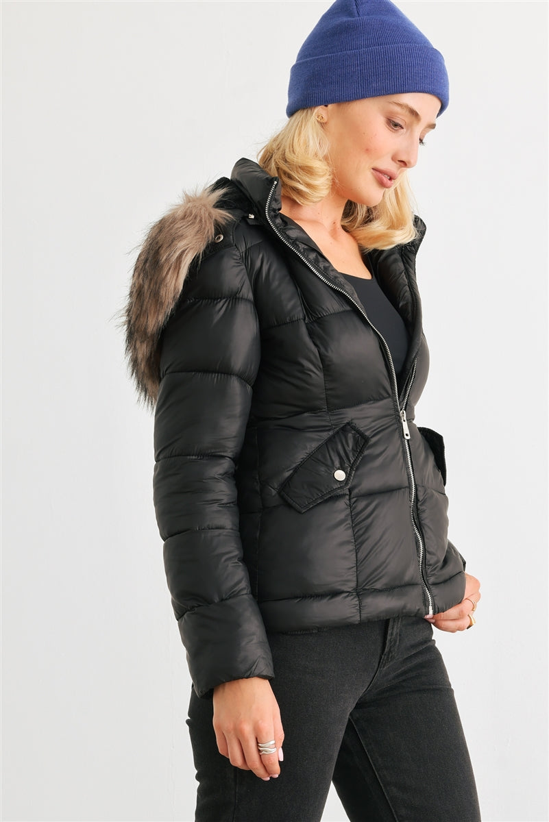 Long Sleeve Faux Fur Hood Padded Water Resistant Finish Jacket - Tigbul's Fashion