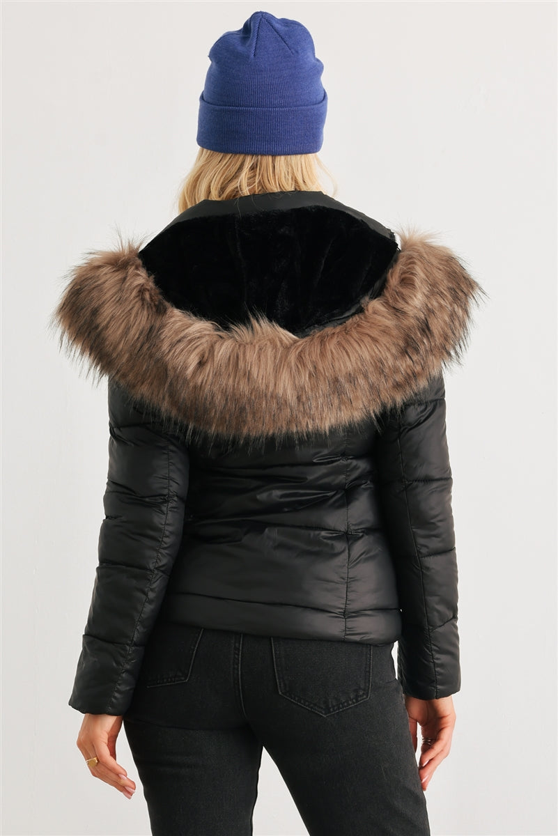 Long Sleeve Faux Fur Hood Padded Water Resistant Finish Jacket - Tigbul's Fashion