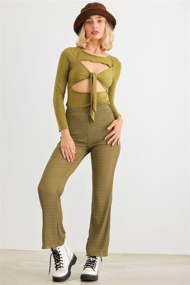 Green Cut-out Tie Knit Long Sleeve Bodysuit - Tigbul's Fashion