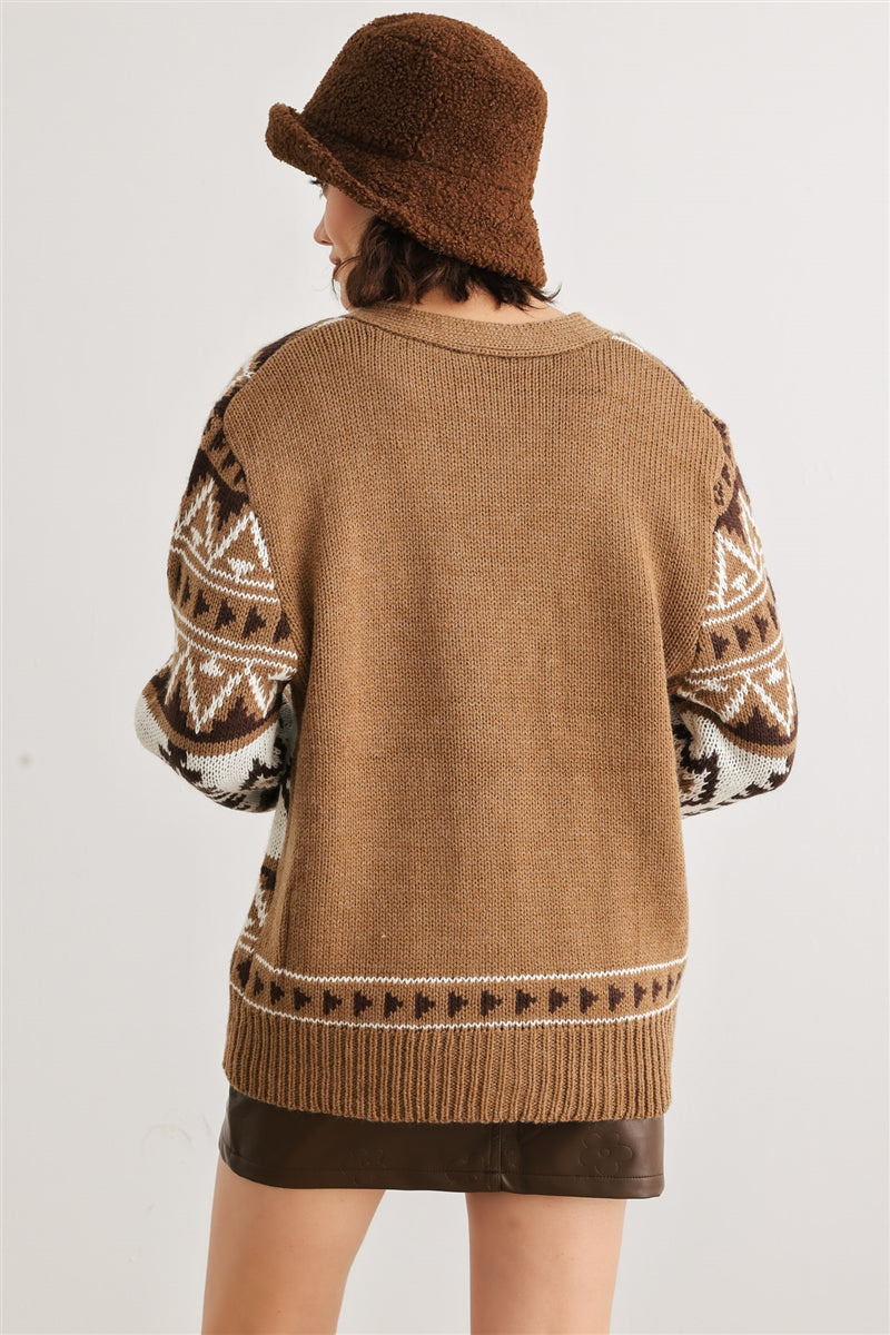 Fair Isle Knit Button-up Long Sleeve Cardigan Sweater - Tigbul's Fashion