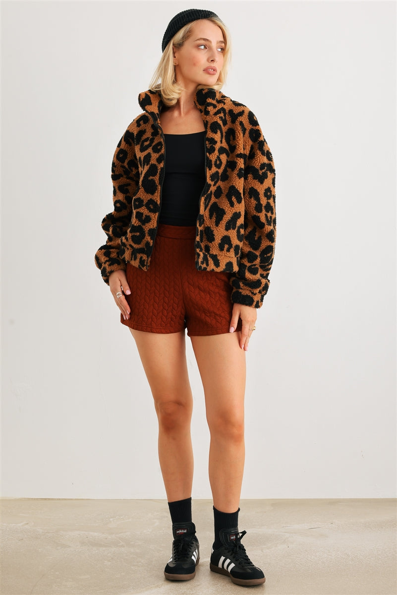 Leopard Teddy Zip-up Two Pocket Jacket - Tigbul's Fashion