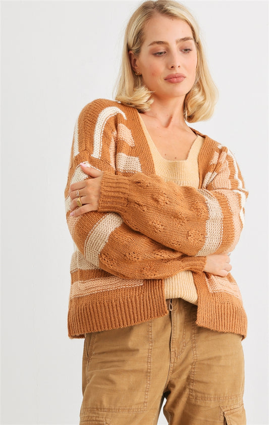 Striped Crochet Knit Two Pocket Open Front Cardigan - Tigbul's Fashion