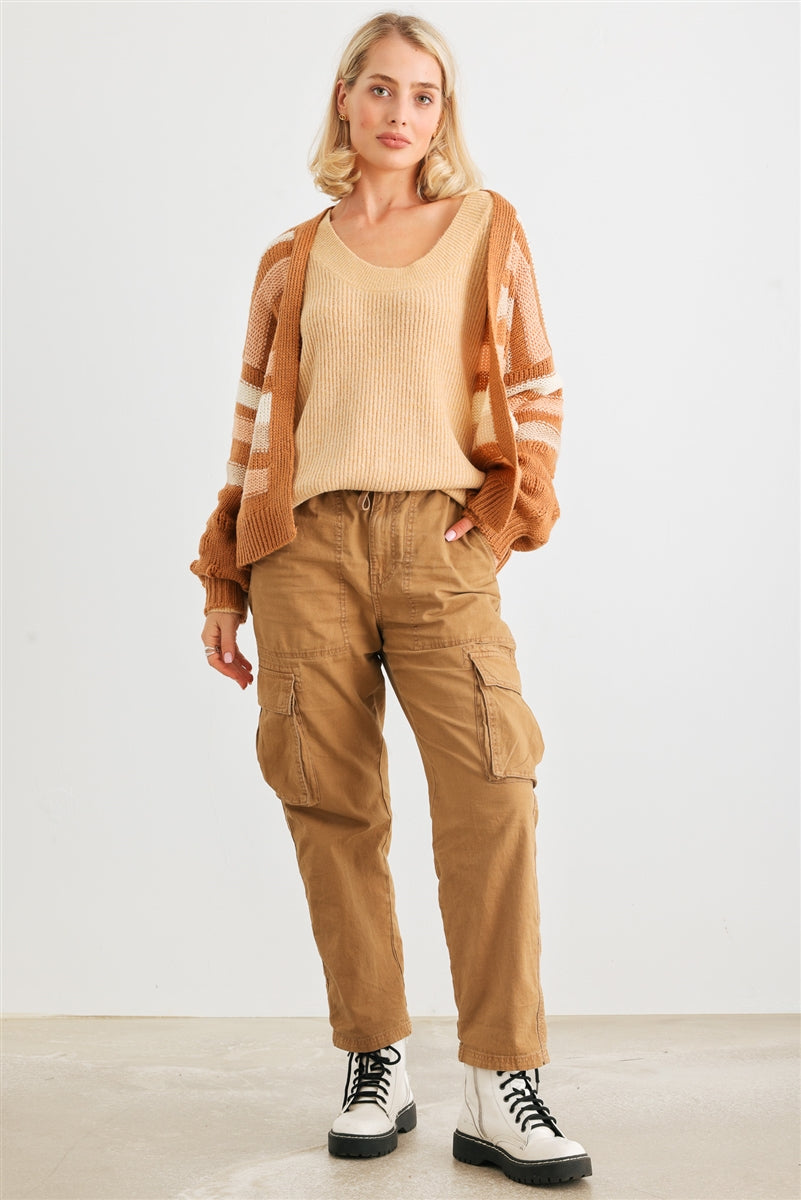 Camel Striped Crochet Knit Two Pocket Open Front Cardigan - Tigbul's Fashion