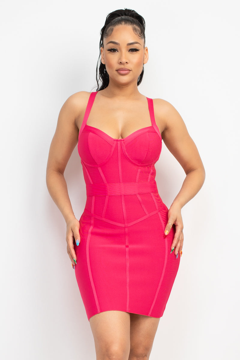 Hot Pink Sweetheart Wide Strap Bandage Dress - Tigbul's Fashion