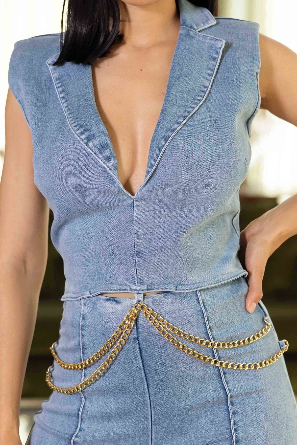 Washed Denim Stretch Jumpsuit with Chain Details | Tigbuls