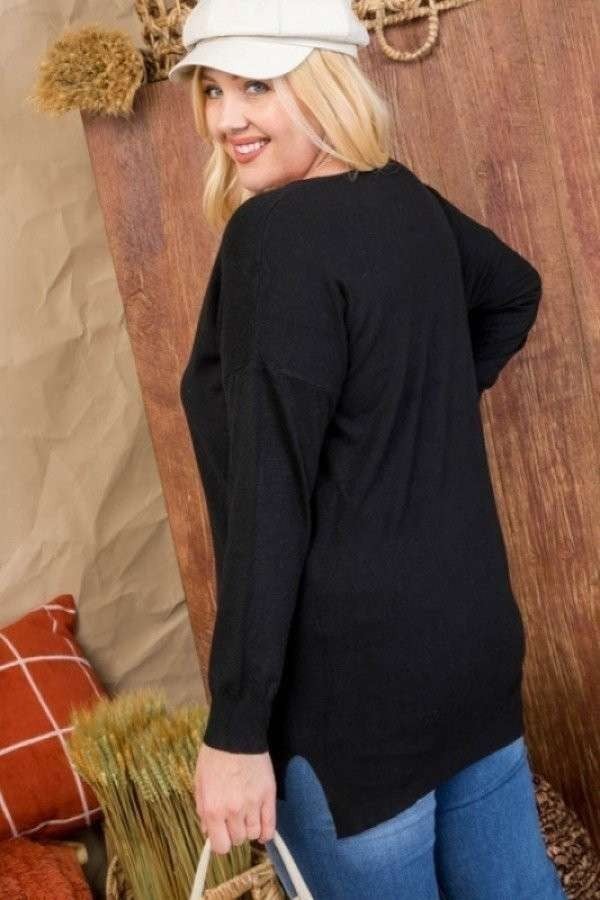 Plus Size V Neck 3/4 Sleeve Side Slit Hi-lo Sweater - Tigbul's Fashion