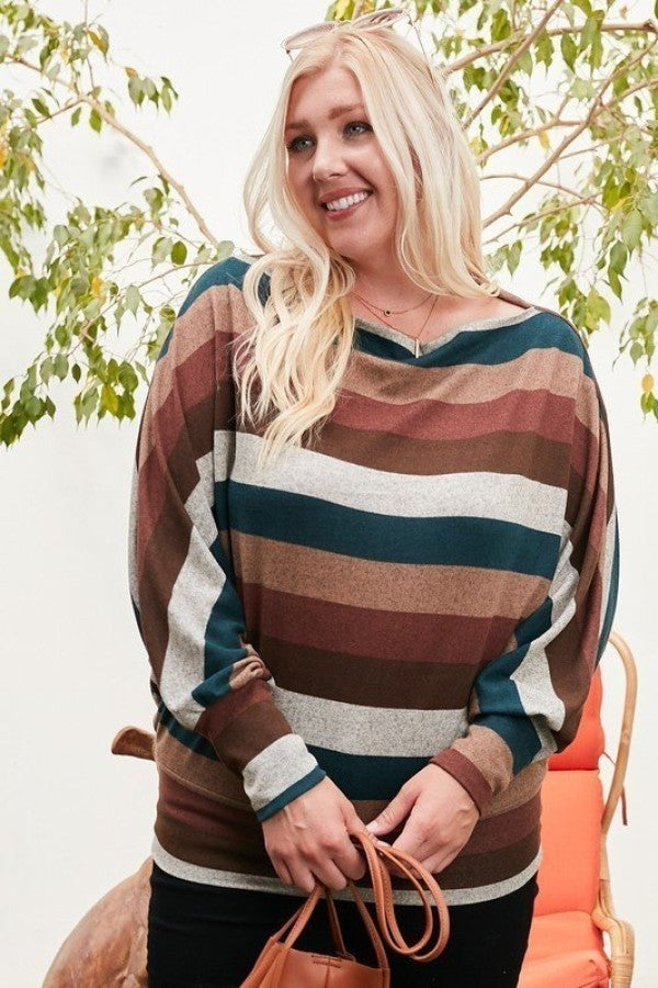 Boat Neck Long Bubble Sleeve Multi Stripe Print Knit Top - Tigbul's Fashion