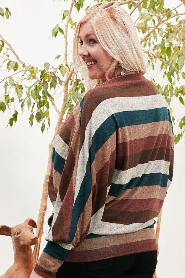Boat Neck Long Bubble Sleeve Multi Stripe Print Knit Top - Tigbul's Fashion