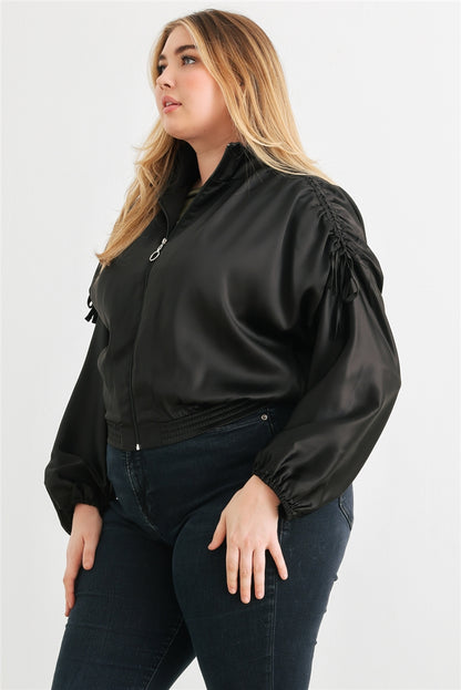 Black Satin Zip-up Ruched Long Sleeve Cropped Bomber Jacket - Tigbuls Fashion