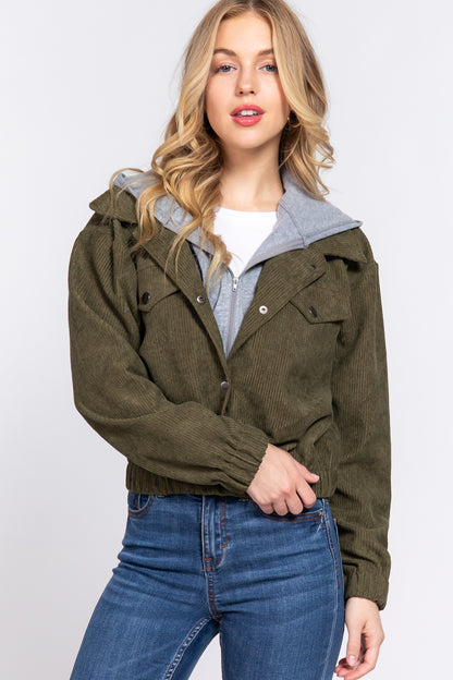 Long Sleeve Hoodie Corduroy Jacket in Olive | Tigbuls Variety Fashion