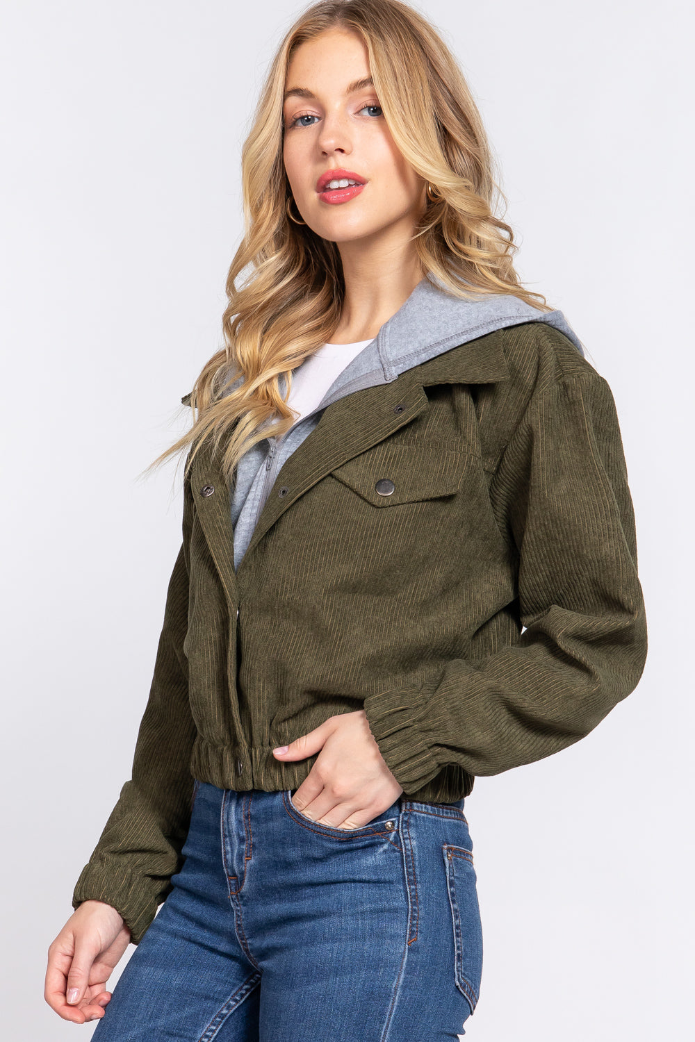 Long Sleeve Hoodie Corduroy Jacket in Olive | Tigbuls Variety Fashion