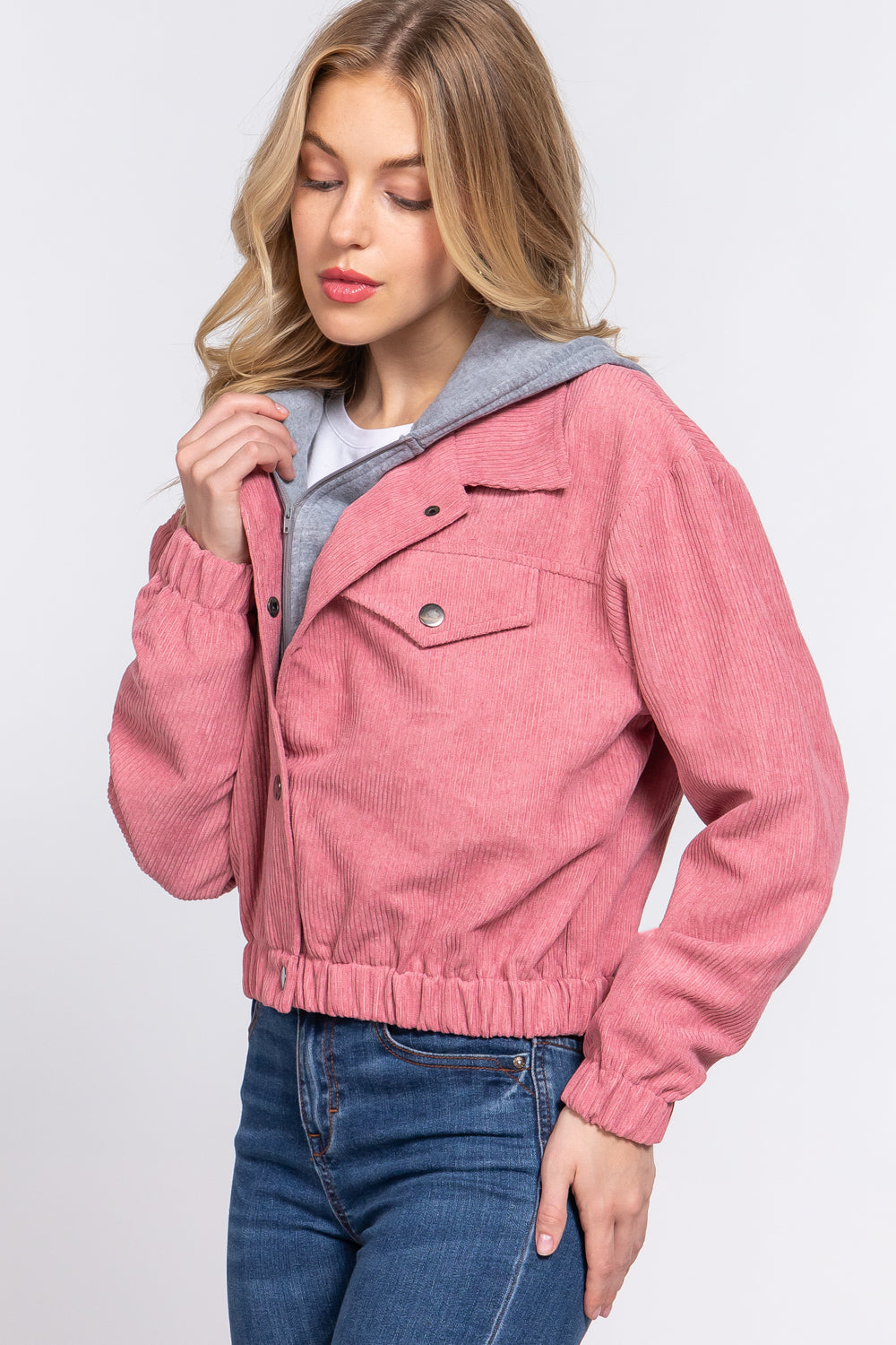 Pink Long Sleeve Hoodie Corduroy Jacket | Tigbuls Variety Fashion