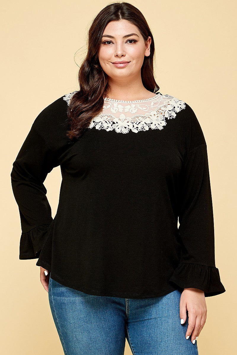 Plus Size Solid Long Sleeve Black Top with Lace Neckline - Tigbuls Variety Fashion