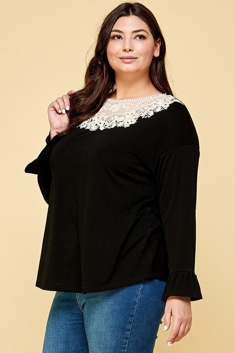 Plus Size Solid Long Sleeve Black Top with Lace Neckline - Tigbuls Variety Fashion