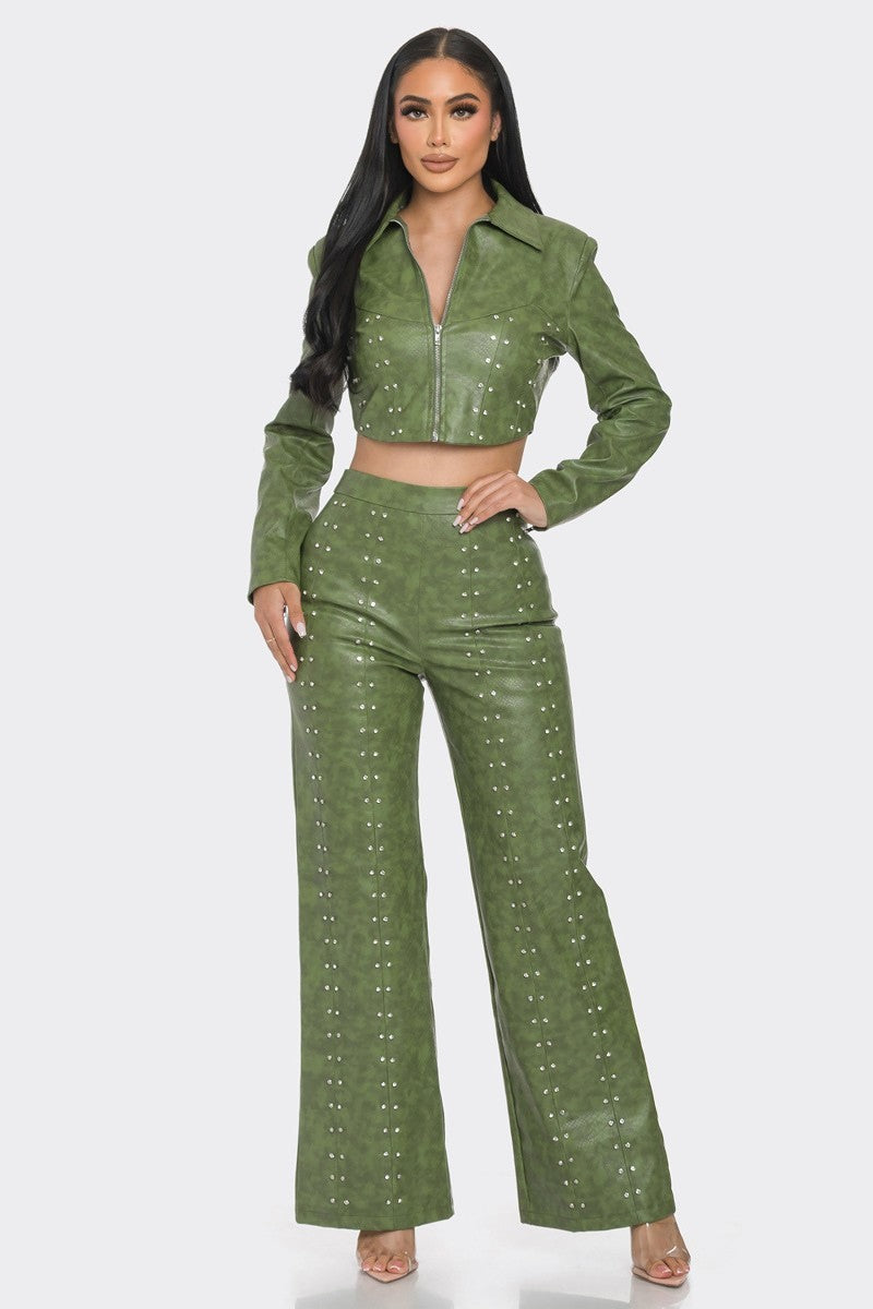  Green Faux Leather Jacket/Pant Set, Rhinestones- Tigbuls Variety Fashion