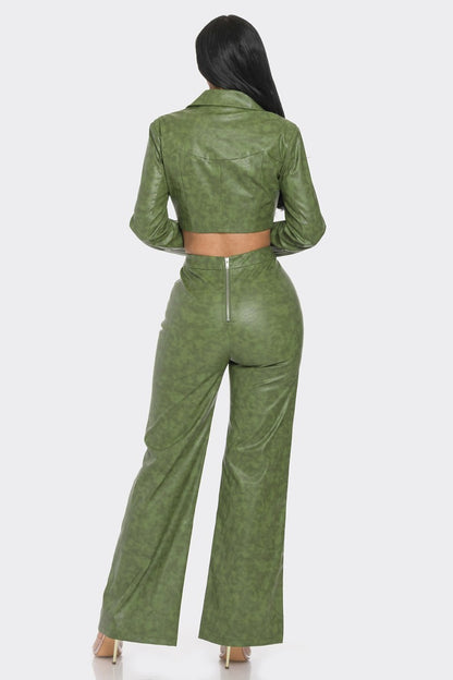 Green Faux Leather Jacket/Pant Set, Rhinestones - Tigbuls Variety Fashion