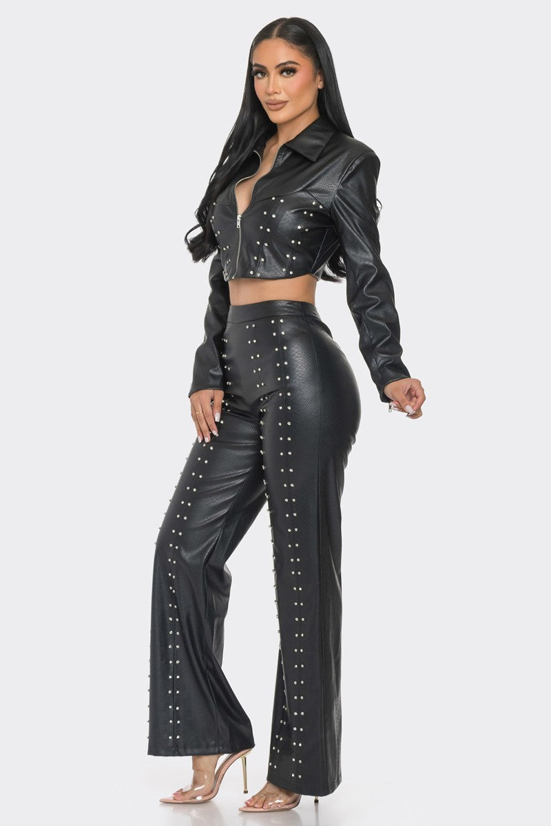 Black Faux Leather Jacket/Pant Set, Rhinestones - Tigbuls Variety Fashion
