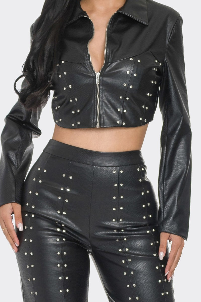 Black Faux Leather Jacket/Pant Set, Rhinestones- Tigbuls Variety Fashion