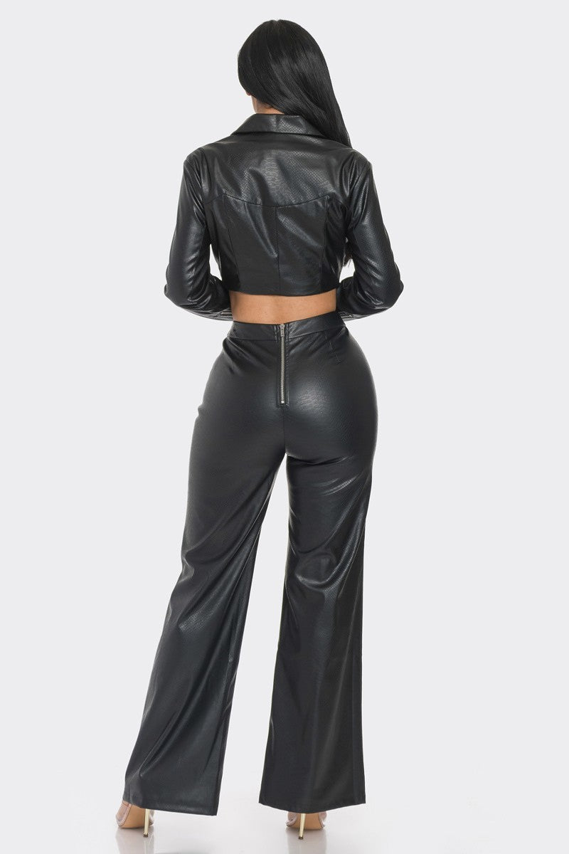 Black Faux Leather Jacket/Pant Set, Rhinestones - Tigbuls Variety Fashion