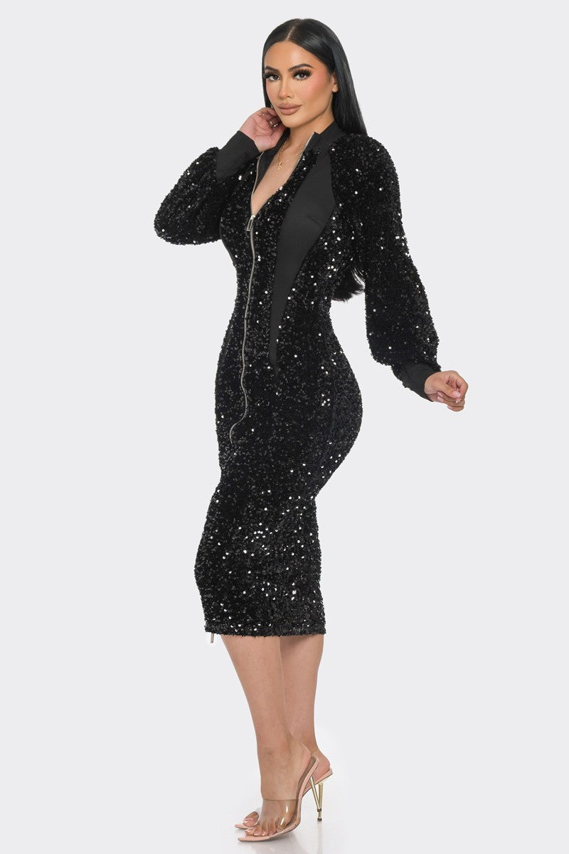 Midi 2 Way Zip Up Sequin Contrast Dress - Tigbuls Variety Fashion