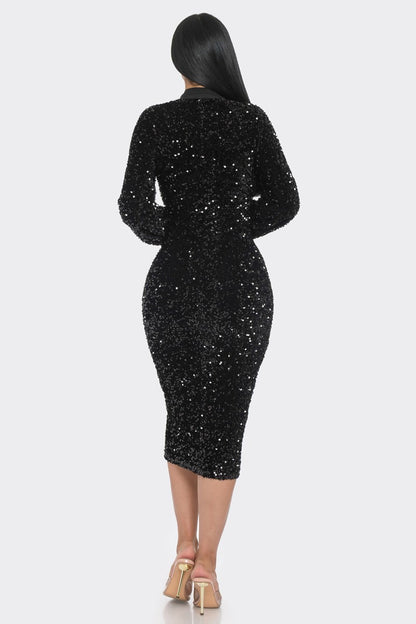 Midi 2 Way Zip Up Sequin Contrast Dress - Tigbuls Variety Fashion