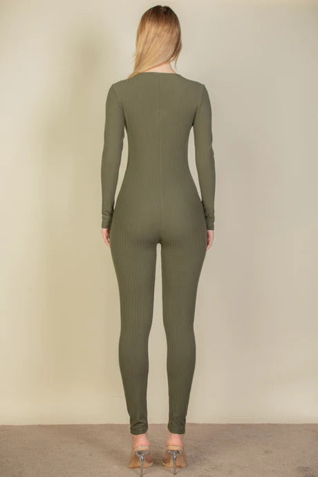 Green Ribbed Scoop Neck Long Sleeve Jumpsuit - Tigbuls Variety Fashion