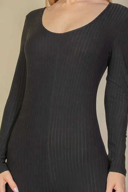 Black Scoop Neck Rib Knit Long Sleeve Jumpsuit | Tigbuls Variety
