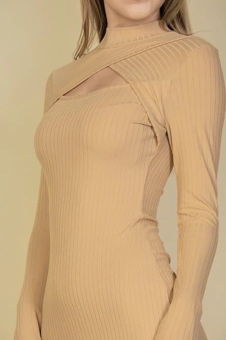 Ribbed Cut Out Front Long Sleeve Bodycon Mini Dress - Tigbuls Variety Fashion