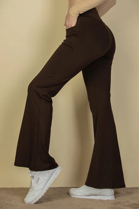 Brown High Waisted Front Pocket Flare Pants - Tigbuls Variety Fashion