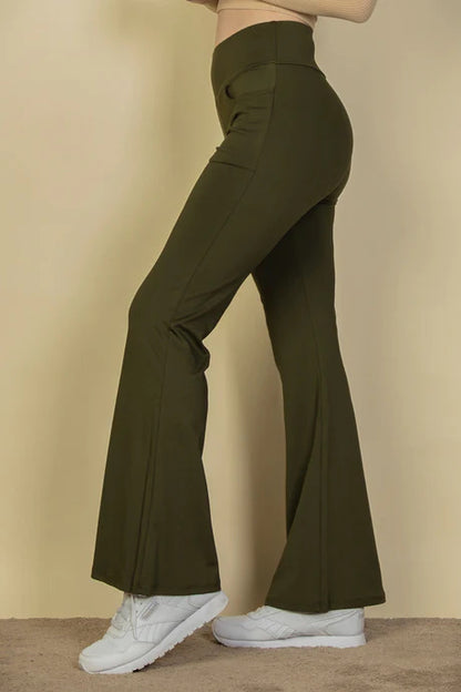 High Waisted Front Pocket Flare Pants, Olive Green - Tigbuls Variety Fashion