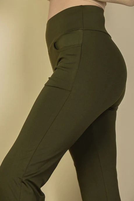 High Waisted Front Pocket Flare Pants, Olive Green - Tigbuls Variety Fashion
