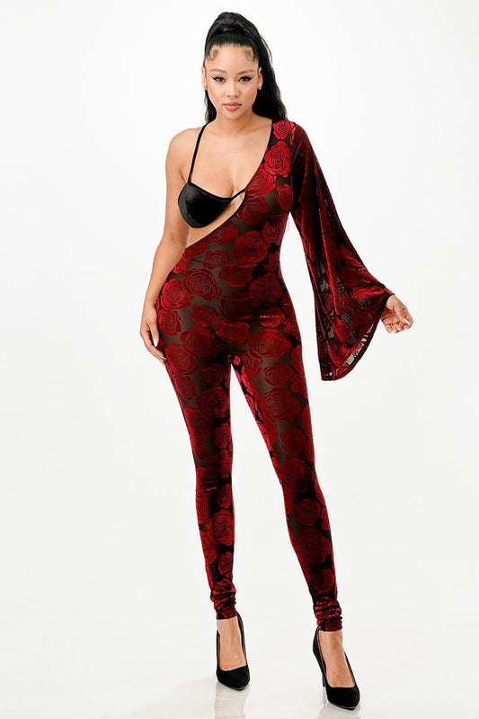 Burgundy Velvet Jumpsuit Bikini/One Bell Sleeve | Tigbuls Variety