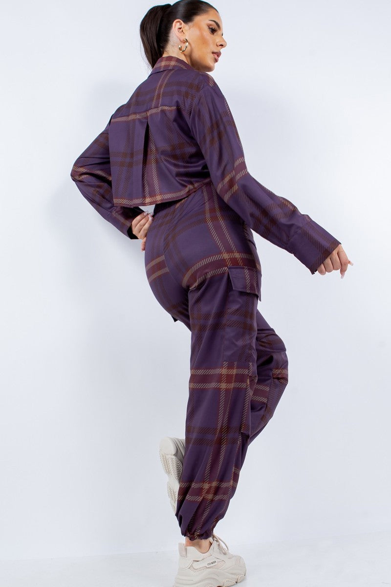 Plaid Cropped Shirt & Cargo Pants Set - Tigbuls Variety Fashion