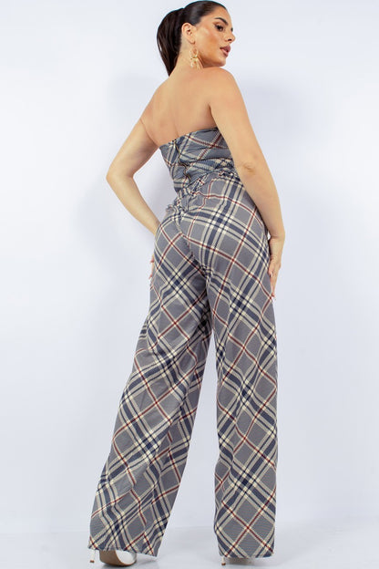 Bustier Grey Plaid Top & Wide Pants Set - Tigbuls Variety Fashion