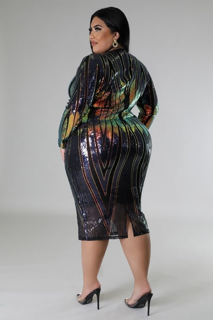 Plus Size Long Sleeve Stretch Midi Dress with Sequins - Tigbuls Variety Fashion