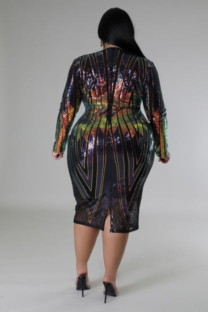 Plus Size Long Sleeve Stretch Midi Dress with Sequins - Tigbuls Variety Fashion