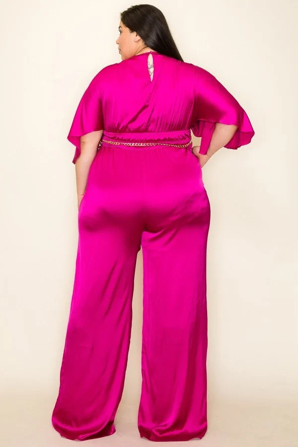 Satin Wrap Front Short Sleeve Smocked Waist Jumpsuit - Tigbuls Variety Fashion