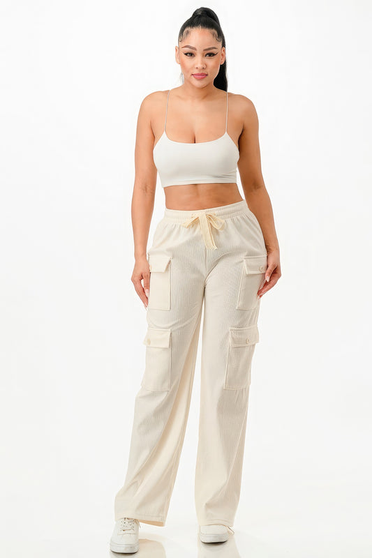White Solid Corduroy Cargo Pants - Tigbuls Variety Fashion