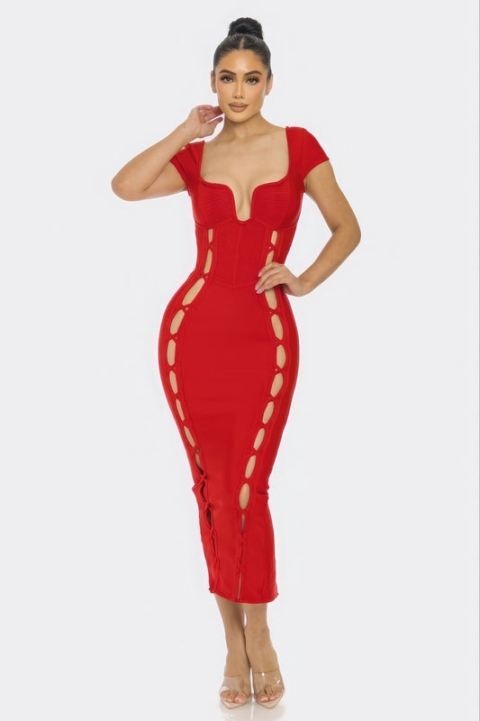 Red Bodycon Cut Out Midi Dress - Tigbuls Variety Fashion