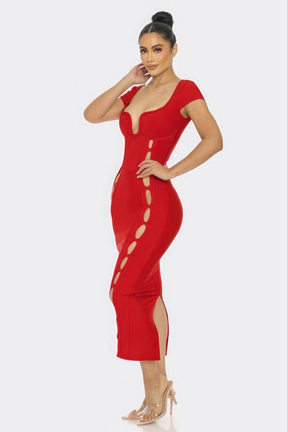 Red Bodycon Cut Out Midi Dress - Tigbuls Variety Fashion