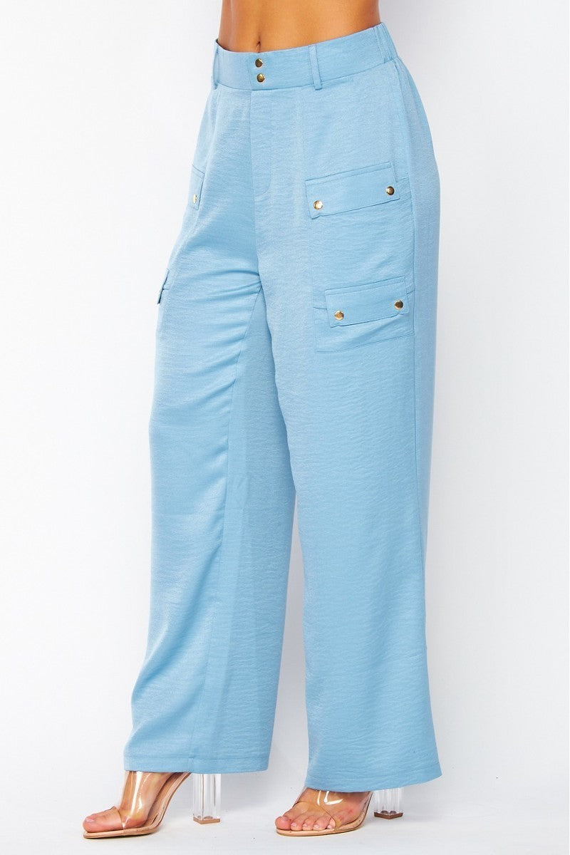 Satin Cargo Pocket Wide Leg Pants - Tigbuls Variety Fashion