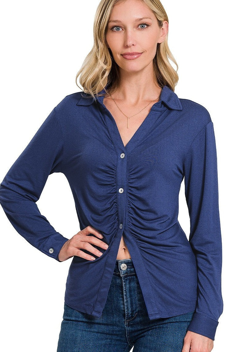 Button Front Stretchy Ruched Shirt - Tigbuls Variety Fashion