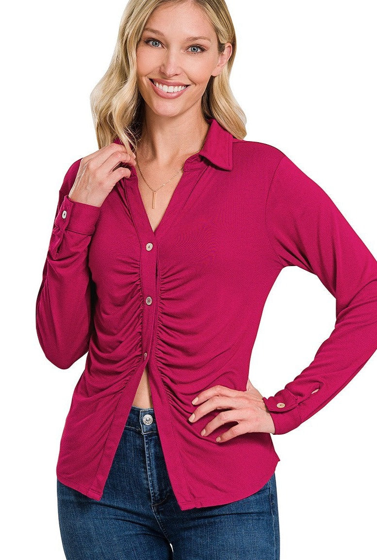 Button Front Stretchy Ruched Shirt - Tigbuls Variety Fashion