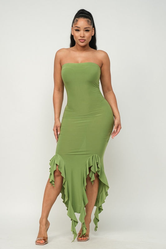 Solid Green Bottom Ruffle Trim Hem Slit Tube Maxi Dress - Tigbuls Variety Fashion