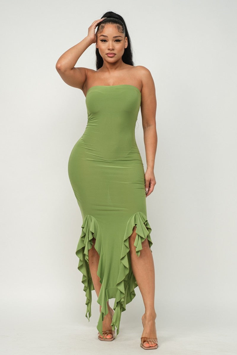 Solid Green Bottom Ruffle Trim Hem Slit Tube Maxi Dress - Tigbuls Variety Fashion