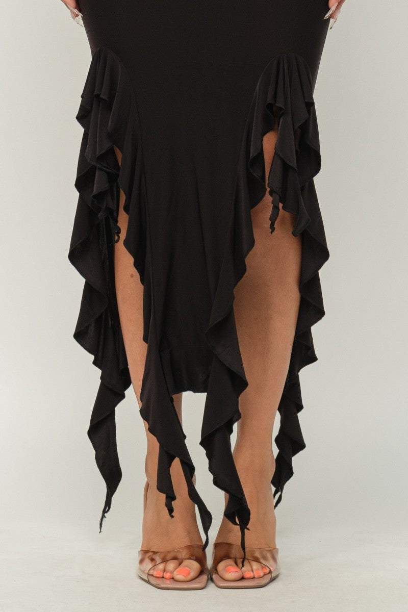 Solid Black Bottom Ruffle Trim Hem Slit Tube Maxi Dress - Tigbuls Variety Fashion