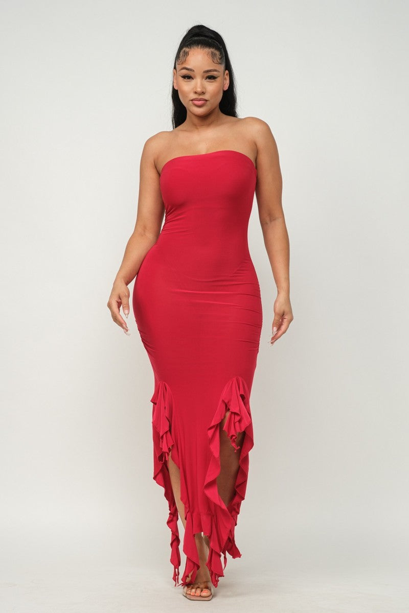 Red Bottom Ruffle Trim Hem Slit Tube Maxi Dress - Tigbuls Variety Fashion