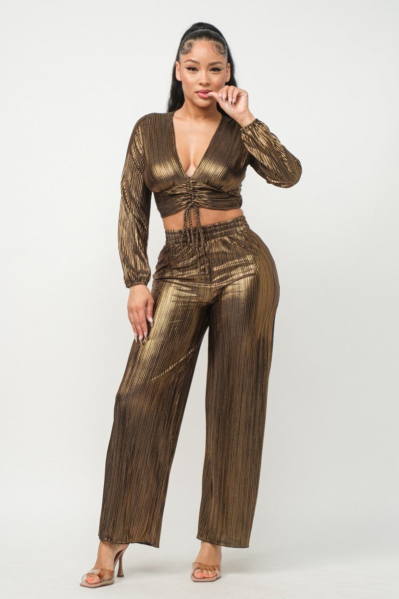 Foil Plisse Tunnel Shirring Top And Pants Set - Tigbuls Variety Fashion